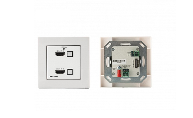 Коммутатор 2х1 Kramer Electronics WP-211T/EU-80/86(W) HDMI с автоматическим переключением; коммутация по наличию сигнала, поддержка 4K60 4:2:0, POE, выход HDBaseT, исполнение в виде настенной панели, цвет белый