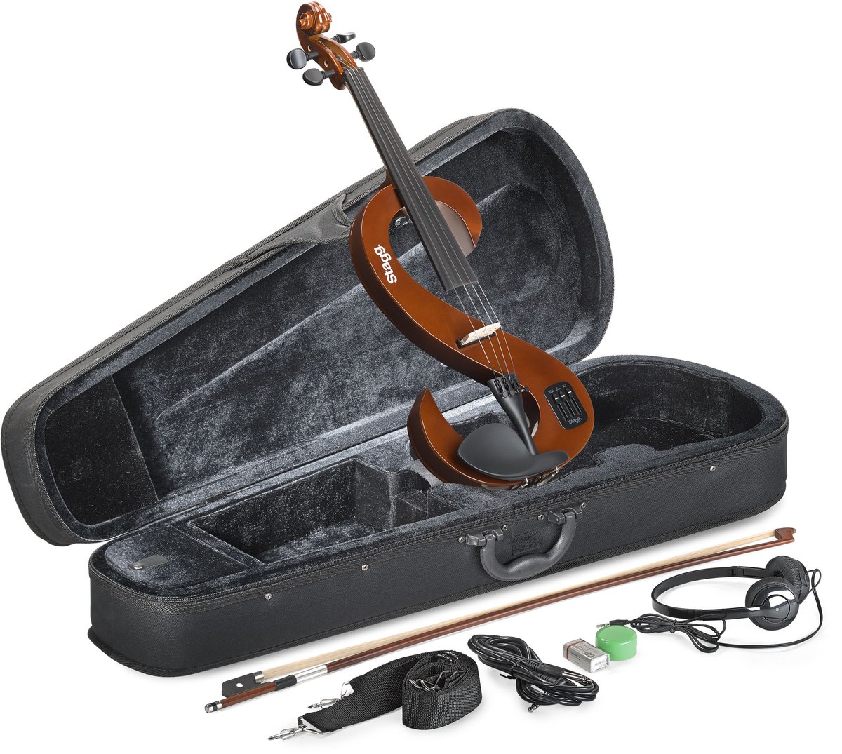 Электроскрипка STAGG [EVN-4/4 VBR] размер 4/4, мензура 325 мм, дека клен, 2-х полосный эквалайзер с регулятором громкости, вход для mp3 1/8" mini Jack, выход для наушников 1/8" mini Jack, выход 1/4" TS Jack, питание 6LR61 9 В, цвет Violinburst