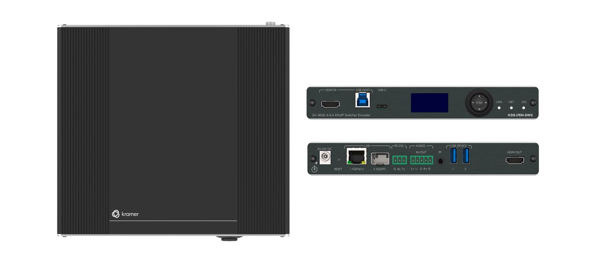 Кодер и передатчик Kramer Electronics [KDS-17EN-SW2] в сеть Ethernet по медному или оптическому кабелю видео HD, RS-232, ИК, USB с коммутатором 2х1 HDMI + USB-C; работает с KDS-DEC17, поддержка 4К60 4:4:4, JPEG2000, Dante, проходной выход HDMI