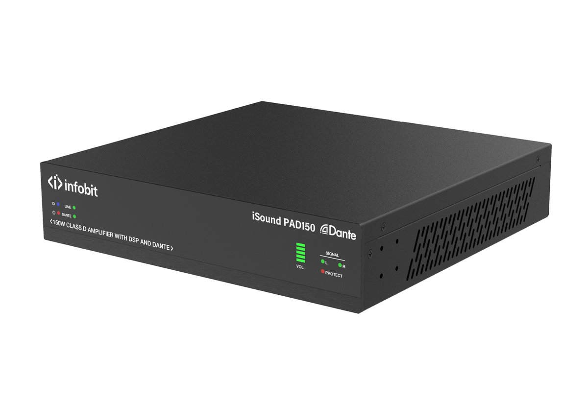 Усилитель Infobit [iSound PAD150] 2-канальный, 2х75 Вт (4/8 Ом) 1x150 Вт (70/100V), DSP, 2x2 Dante, управление через RS-232, LAN, и Web GUI