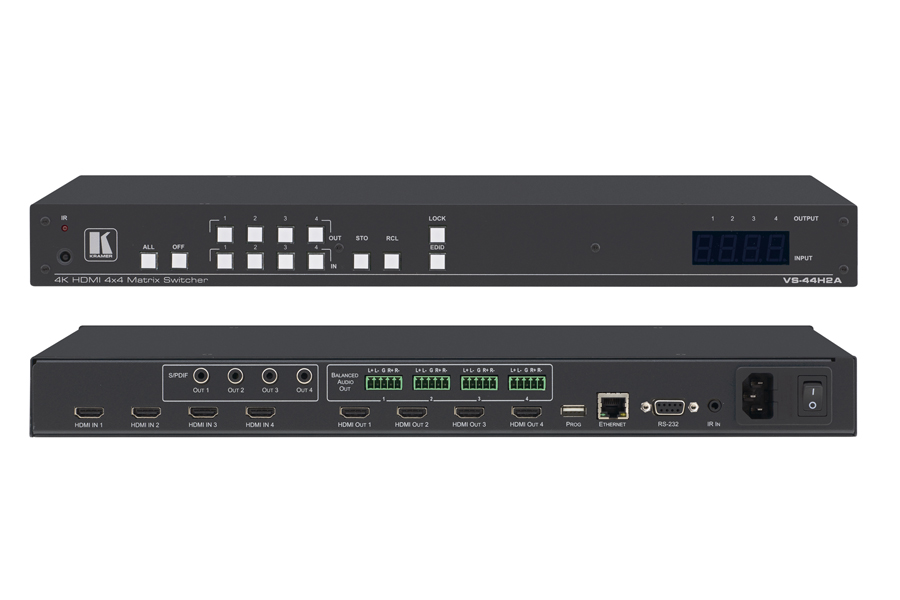 Матричный коммутатор Kramer Electronics [VS-44H2A] 4х4 HDMI с деэмбеддированием звука; поддержка 4K60 4:4:4