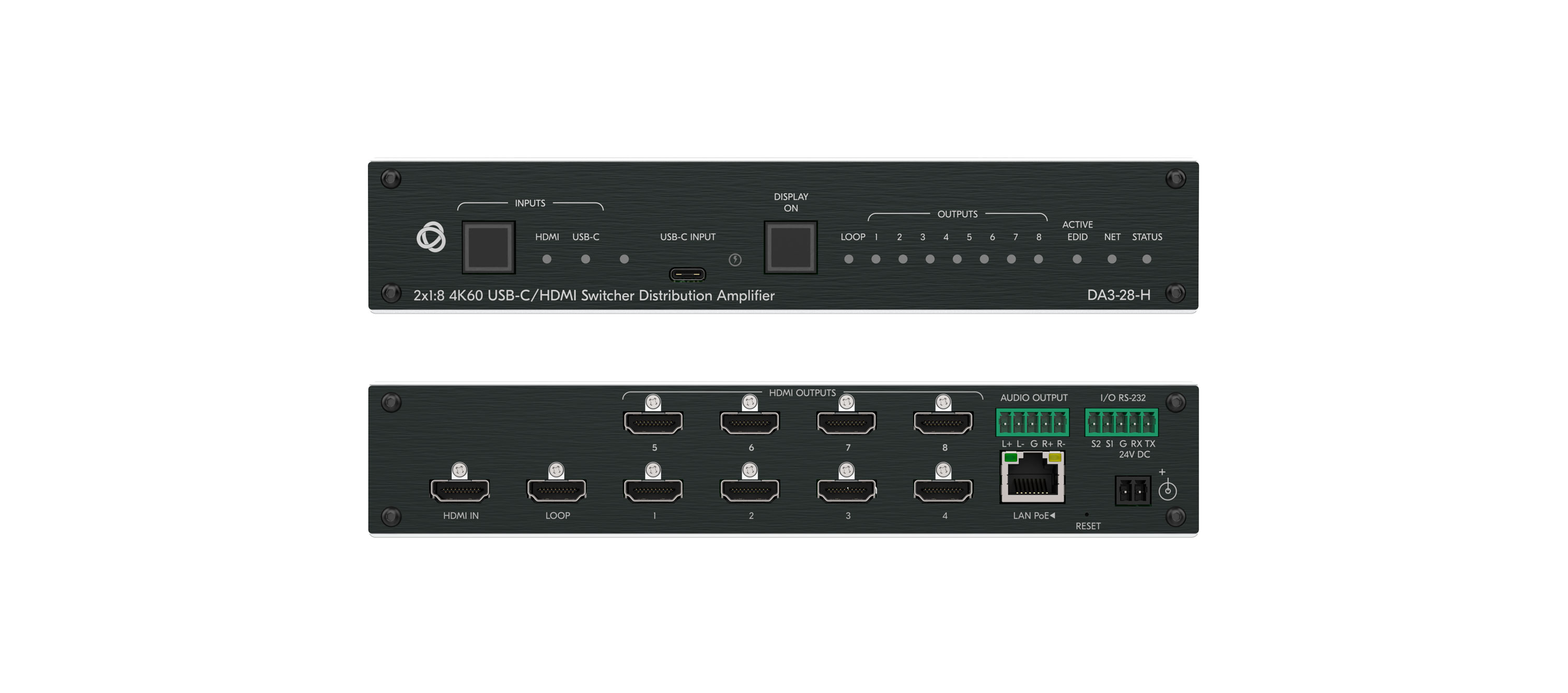 Усилитель-распределитель Kramer Electronics [DA3-28-H] 1:8 HDMI с коммутатором 2х1 HDMI + USB-C и деэмбедером аудио; поддержка 4K60 4:4:4, HDMI 2.0, PoE