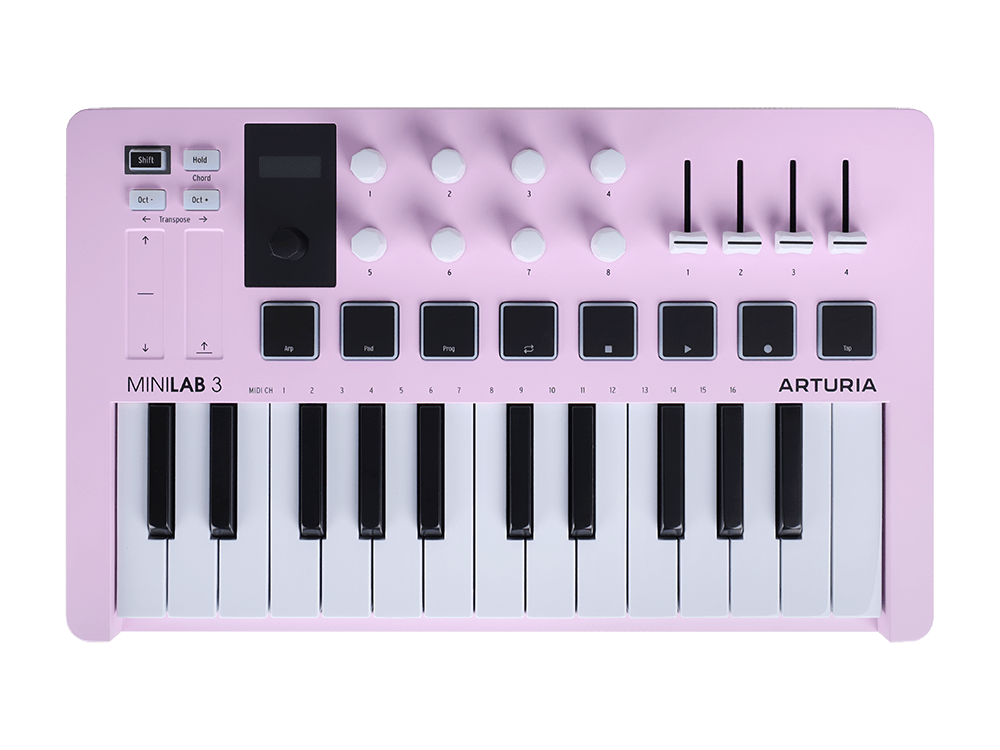 MIDI клавиатура [231509] Arturia [MiniLAB 3 Rose Quartz] 25 клавиш, 8 энкодеров, 8 RGB пэдов, 8 фейдеров, дисплей, сенсорные регуляторы Pitch/Modulation, MIDI-выход, 1/4" Jack вход педали, режим Chord, арпеджиатор, USB-C