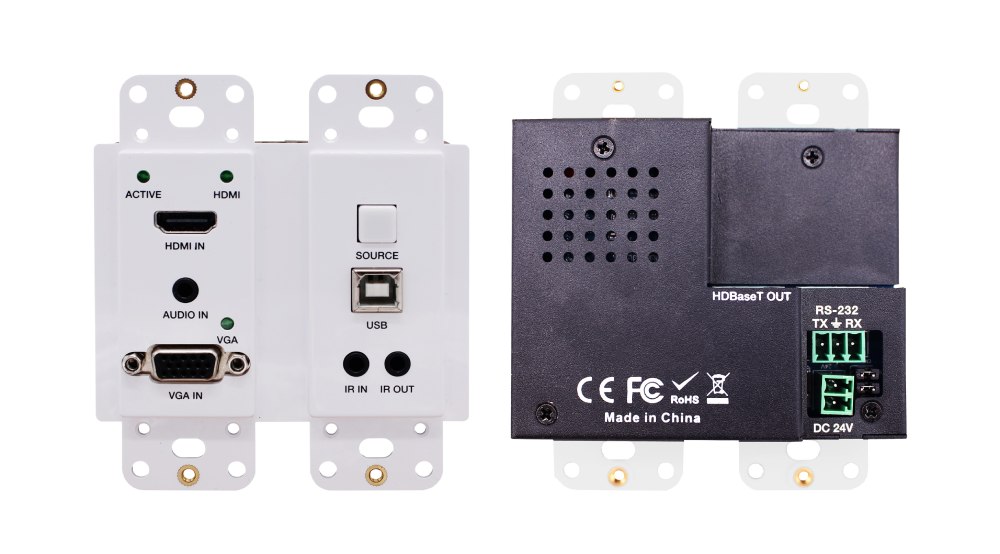 Настенный передатчик HDBaseT Infobit [WP210-T], 2 группы US Decora. HDMI 2.0 18,0 Гбит/с, 70 м для 1080p, 40 м для 4K/60 Гц, HDCP2.2, PoC, двунаправленный ИК и RS232, с масштабированием VGA.