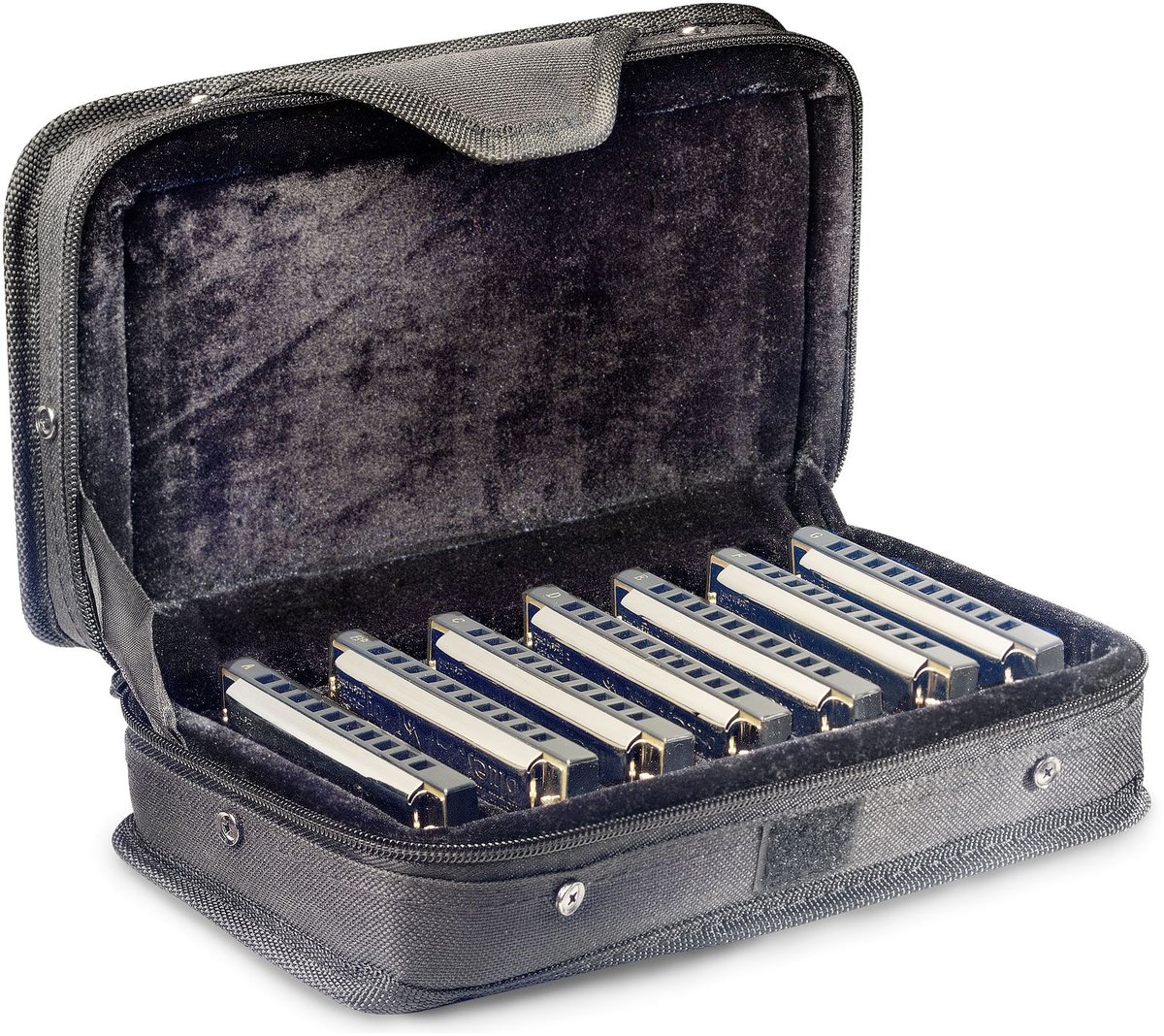 Комплект губных гармошек STAGG [BJH-B20 SET1] блюзовых, BJH-B20 7 шт. в кейсе, строй A+Bb+C+D+E+F+G, 10 диатонических отверстий, 20 тонов, медные пластины 0,9 мм