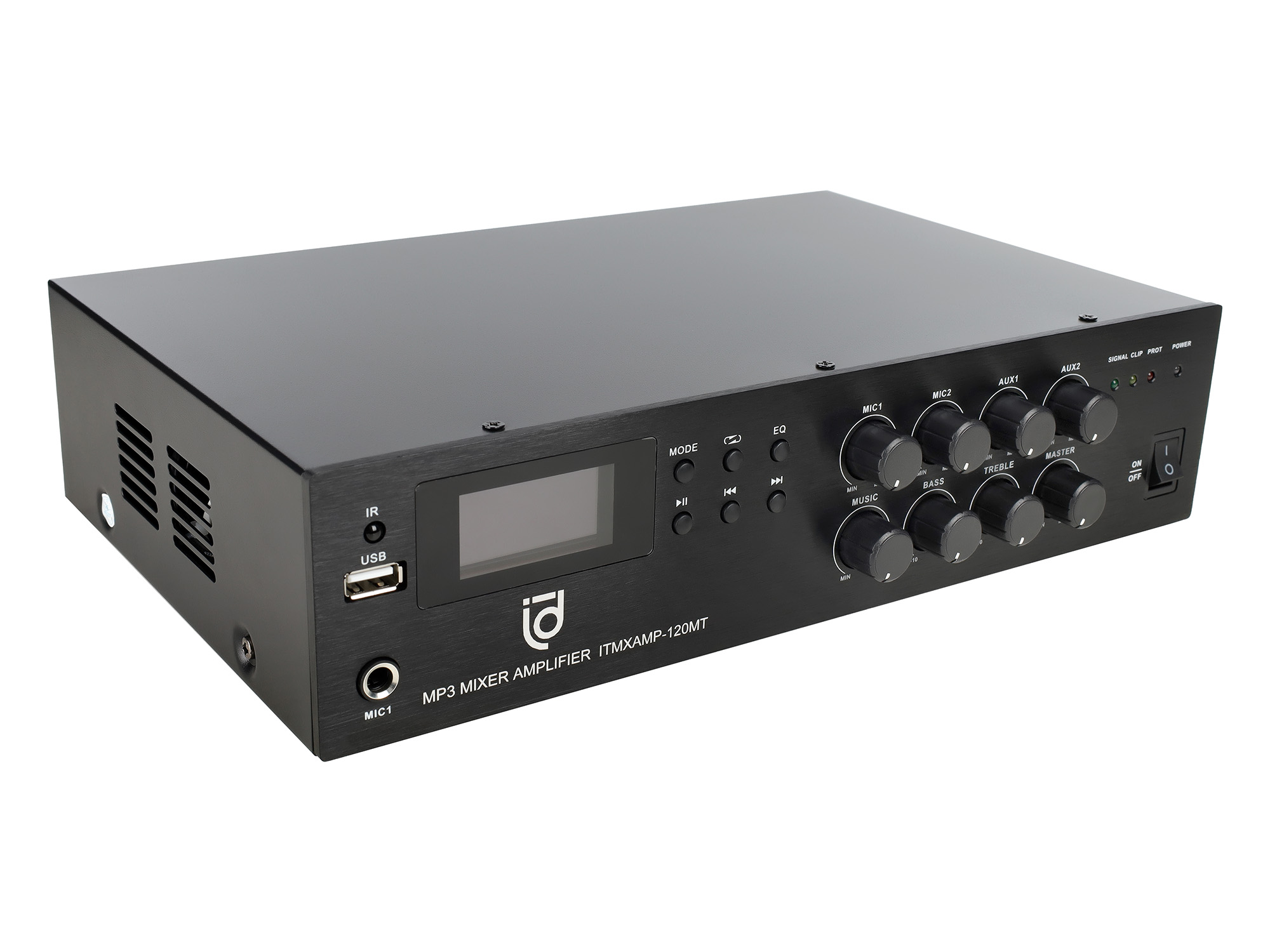 Микшер-усилитель Intrend [ITMXAMP-120MT] MP3, FM тюнер, USB, Bluetooth, 2хMic/3хLine входы, 1хLine выход,120 Вт, 4/8Ом/100V, IR-пульт в комплекте