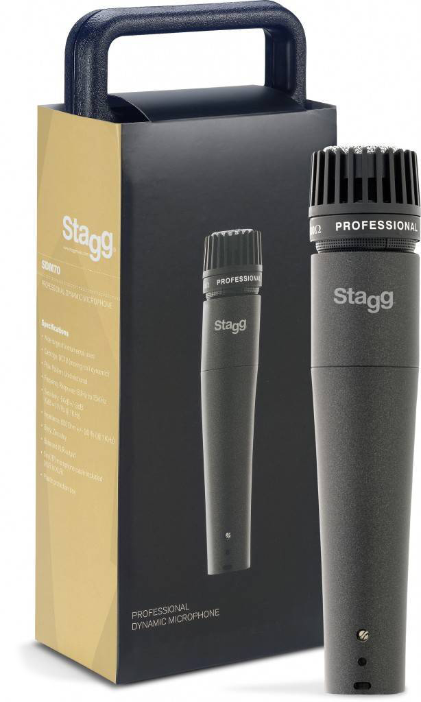 Микрофон STAGG [SDM70] динамический, инструментальный, диаграмма кардиоида, АЧХ 50-15000 Гц, чувств. -54 дБ, сопр. 600 Ом, разъем XLR, корпус цинк, переключатель вкл/выкл, цвет черный, в комплекте кабель XLR-XLR 5 м, пластиковый футляр