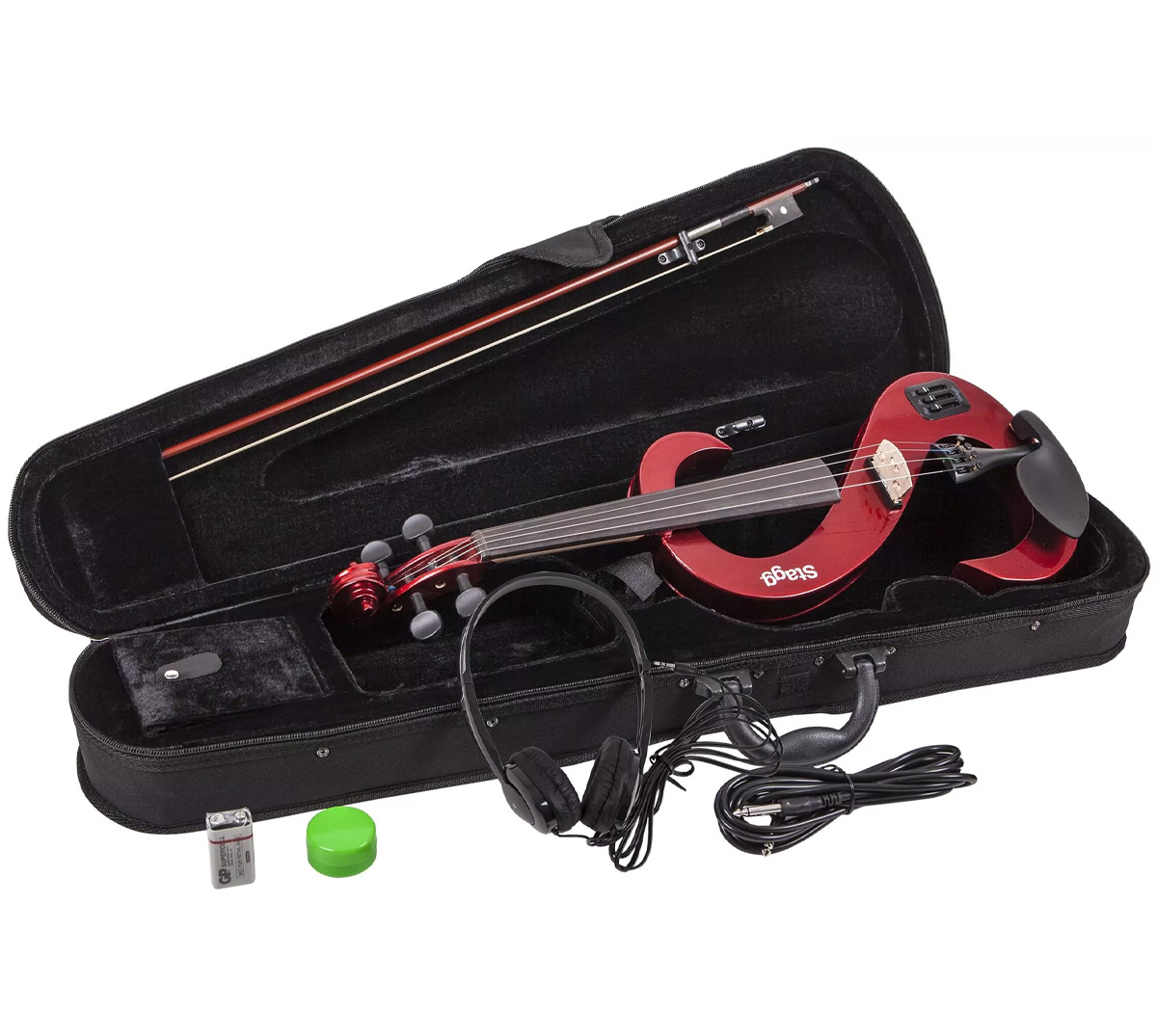 Электроскрипка STAGG [EVN-4/4 MRD] размер 4/4, мензура 325 мм, дека клен, 2-х полосный эквалайзер с регулятором громкости, вход для mp3 1/8" mini Jack, выход для наушников 1/8" mini Jack, выход 1/4" TS Jack, питание 6LR61 9 В, цвет красный металлик