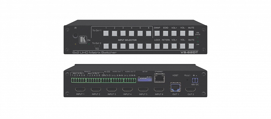 Матричный коммутатор Kramer Electronics [VS-62DT] 6х2 HDMI; выходы на витую пару HDBaseT / HDMI, поддержка 4К60 4:2:0, поддержка PoE