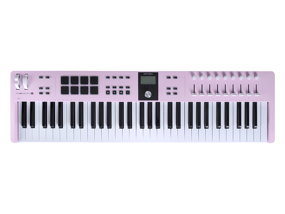 MIDI клавиатура [231535] Arturia [KeyLab Essential 61 mk3 Rose Quartz] 61 клавиша, LCD дисплей, 9 энкодеров, 8 пэдов, 9 фейдеров, 12 кнопок управления, колеса высоты тона и модуляции, 1/4" Jack вход для педали, MIDI выход, Type-C