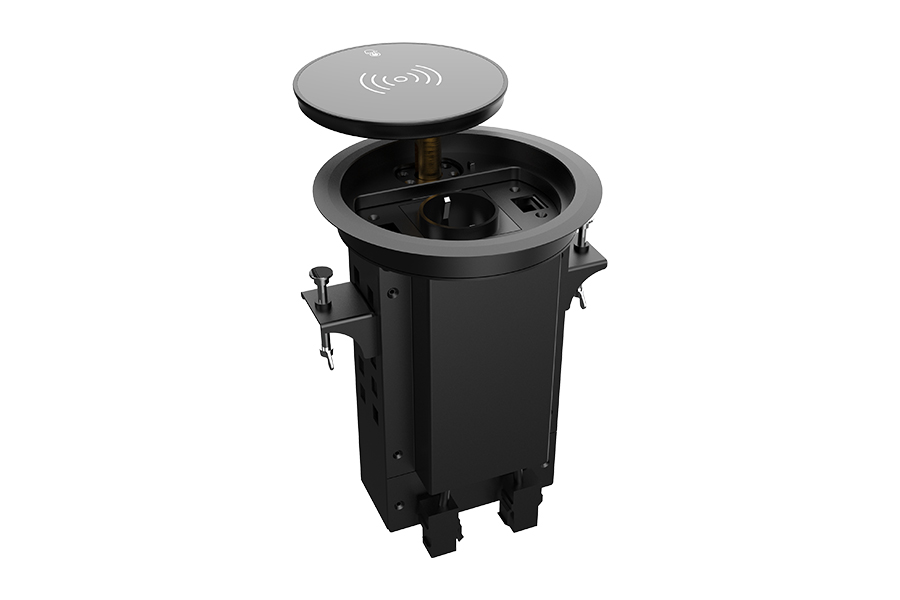 Лючок врезной в стол Wize Pro [WRTS-RRSX-B] моторизованная крышка с беспроводной QI зарядкой, розетка 220В -1 шт, 4 отверстия keystone для модулей WRTS-RR, черный