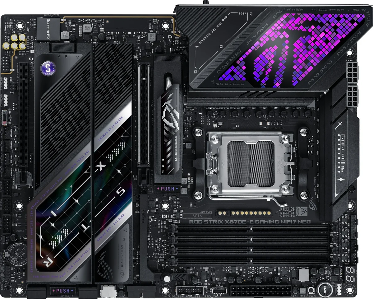 Материнская плата Asus - ROG STRIX X870E-E GAMING WIFI7 NEO, ATX, AMD X870E, 1xAM5, 4xDDR5, 1x5GbE, audio, M.2, Wi-Fi, Bluetooth, HDMI, 4xSATA, 9xUSB3.2, 2xUSB3.2 Type C, ROG STRIX X870E-E GAMING NEO