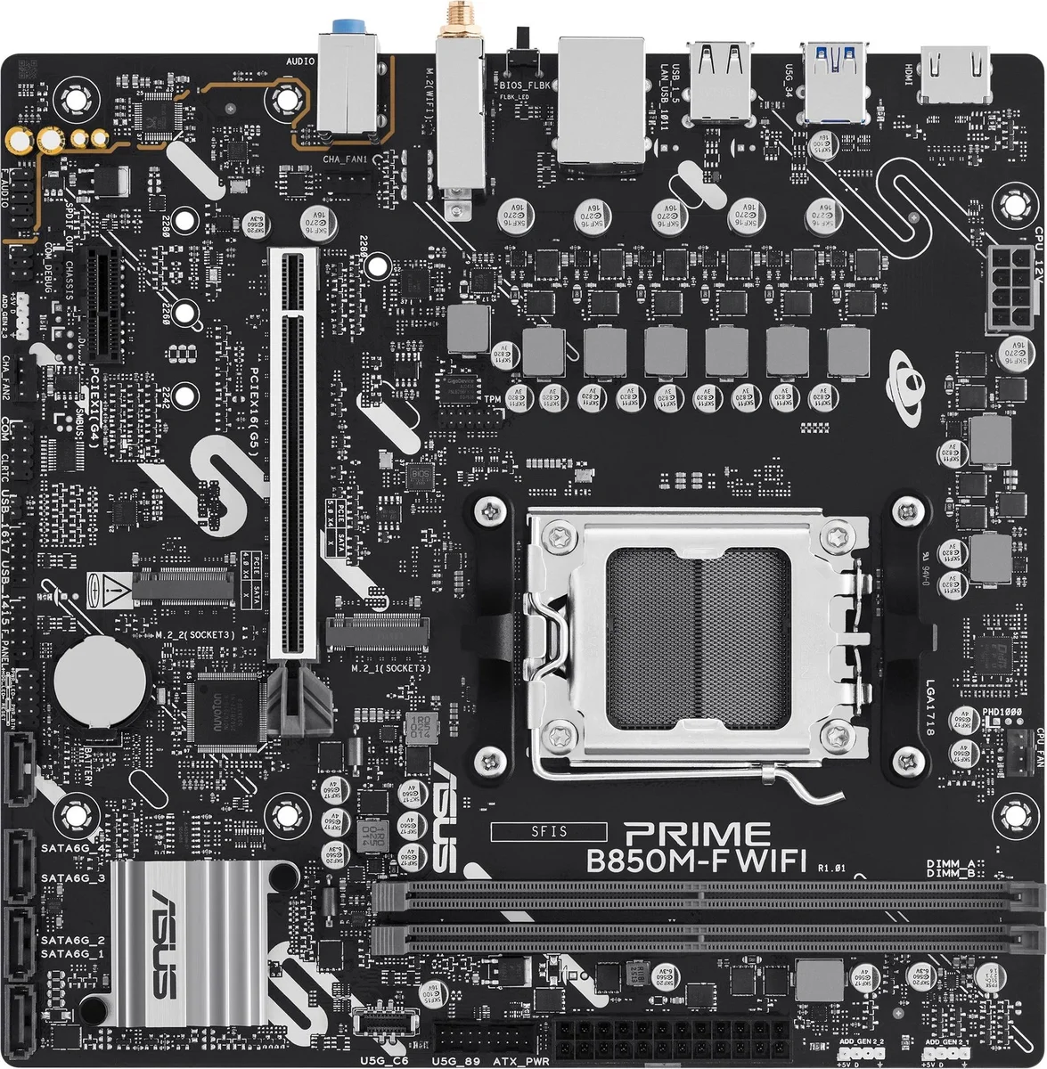 Материнская плата Asus - PRIME B850M-F WIFI, mATX, AMD B850, 1xAM5, 2xDDR5 до 128ГБ, 1x1GbE, audio, M.2, Wi-Fi, Bluetooth, VGA, HDMI, 4xSATA, 4xUSB2.0, 2xUSB3.1, PRIME B850M-F WIFI