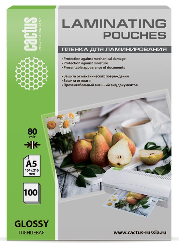 Пленка для ламинирования Cactus 80мкм A5 (100 шт) глянцевая 154x216 мм CS-LPGA580100