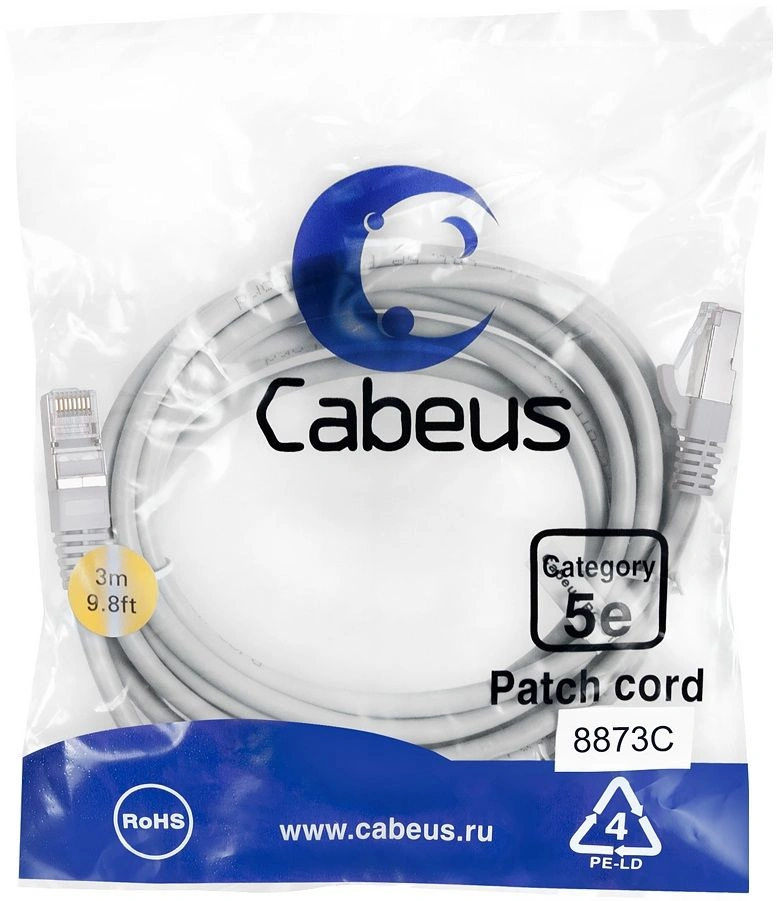 Патч-корд F/UTP,категория 5е, 2xRJ45/8p8c, экранированный, серый, LSZH, 3м Cabeus PC-FTP-RJ45-Cat.5e-3m-LSZH Патч-корд F/UTP,категория 5е, 2xRJ45/8p8c, экранированный, серый, LSZH, 3м