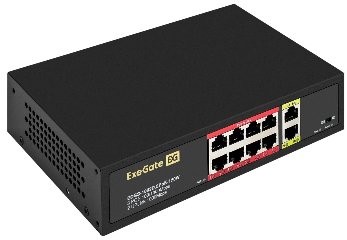 Exegate EX299028RUS Коммутатор неуправляемый ExeGate EDGS-1082D.8PoE-120  21,79W (10-портовый: 8 портов UTP 10/100 Base-Tx с поддержкой IEEE 802.3af (PoE), мощность PoE: 15,4W, суммарно 120W, 2 порта 