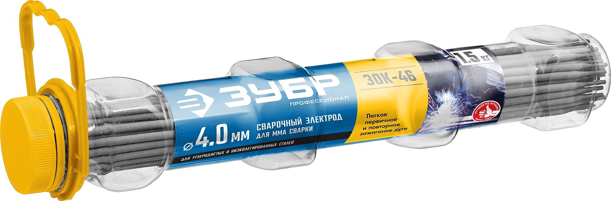 Электрод ЗУБР сварочный ЗОК-46 с рутил-целлюлозным покрытием, для ММА сварки, d 4.0 х 350 мм, 1,5 кг в ПВХ тубе, Профессионал.