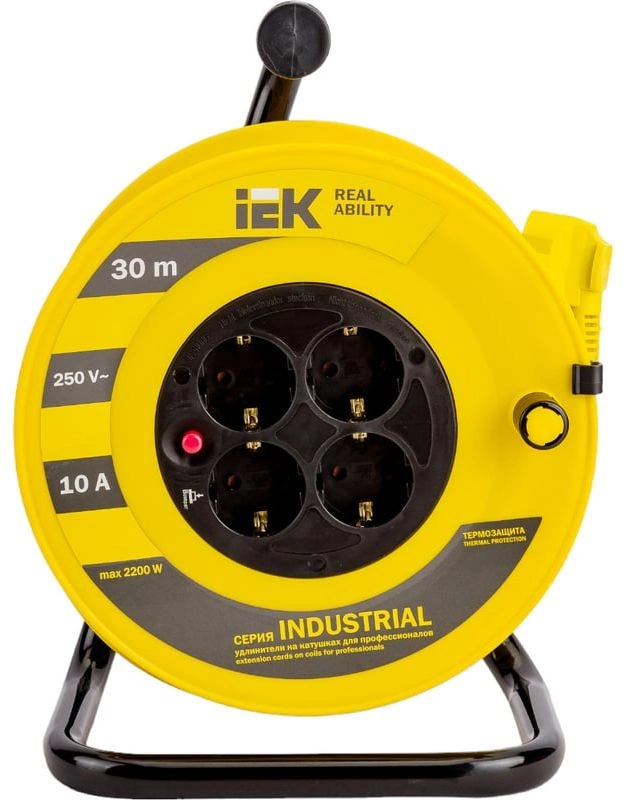 Удлинитель силовой IEK Industrial (WKP14-10-04-30) 1кв.мм 4розет. 30м ПВС 10A катушка желтый