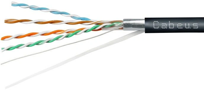 кабель Cabeus FTP-4P-Cat.5e-SOLID-OUT-PE-UV-100 Кабель витая пара экранированная FTP (F/UTP), категория 5e, 4 пары (24 AWG), одножильный, экран - фольга, для внешней прокладки, PE-UV (100 м)