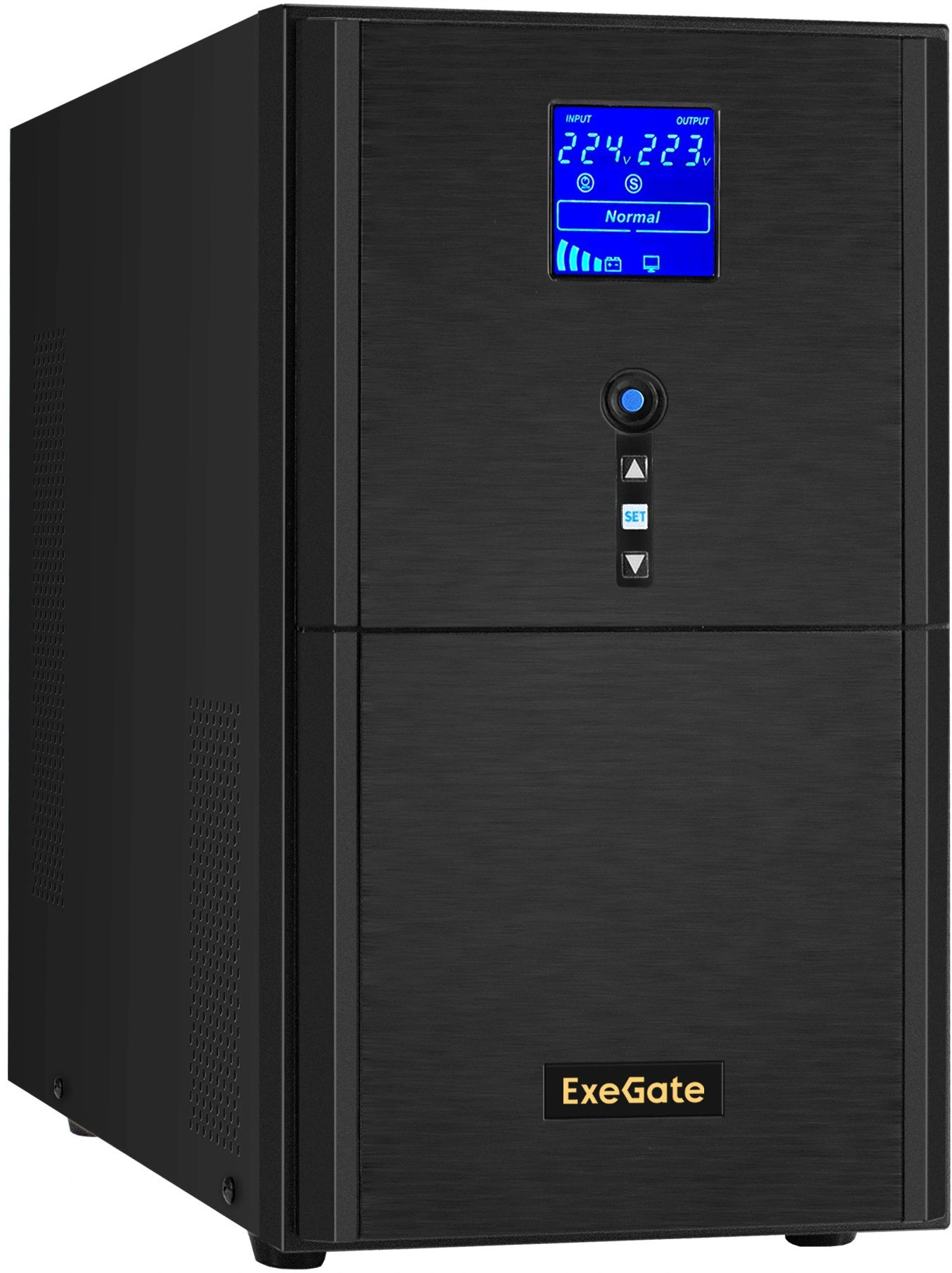 Источник бесперебойного питания (инвертор, синус, для котла) ExeGate SineTower SZ-3000.LCD.AVR.3SH.1C13.RJ.USB 3000VA/2400W, чистая синусоида, LCD дисплей, AVR, 3хSchuko+1хC13, RJ45/11, USB, линейно-интерактивный, внешняя батарея 48В до 250А·ч ( поставляется отдельно), черный