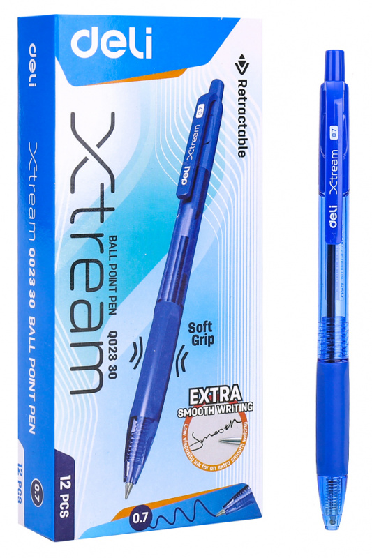 Ручка шариковая автоматическая Deli X-tream EQ02330 прозрачный/синий, d=0.7мм, синие чернила, сменный стержень, линия 0.4мм, резиновая манжета