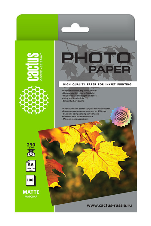 Cactus CS-MA6230100 Фотобумага 10x15/230г/м2/100л./белый матовое для струйной печати