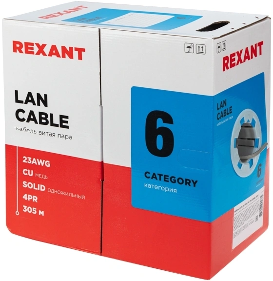 Rexant (01-0067) Кабель витая пара U/UTP, CAT 6, ZH нг(А)-HF, 4PR, 23AWG, INDOOR, SOLID, серый, 305 м