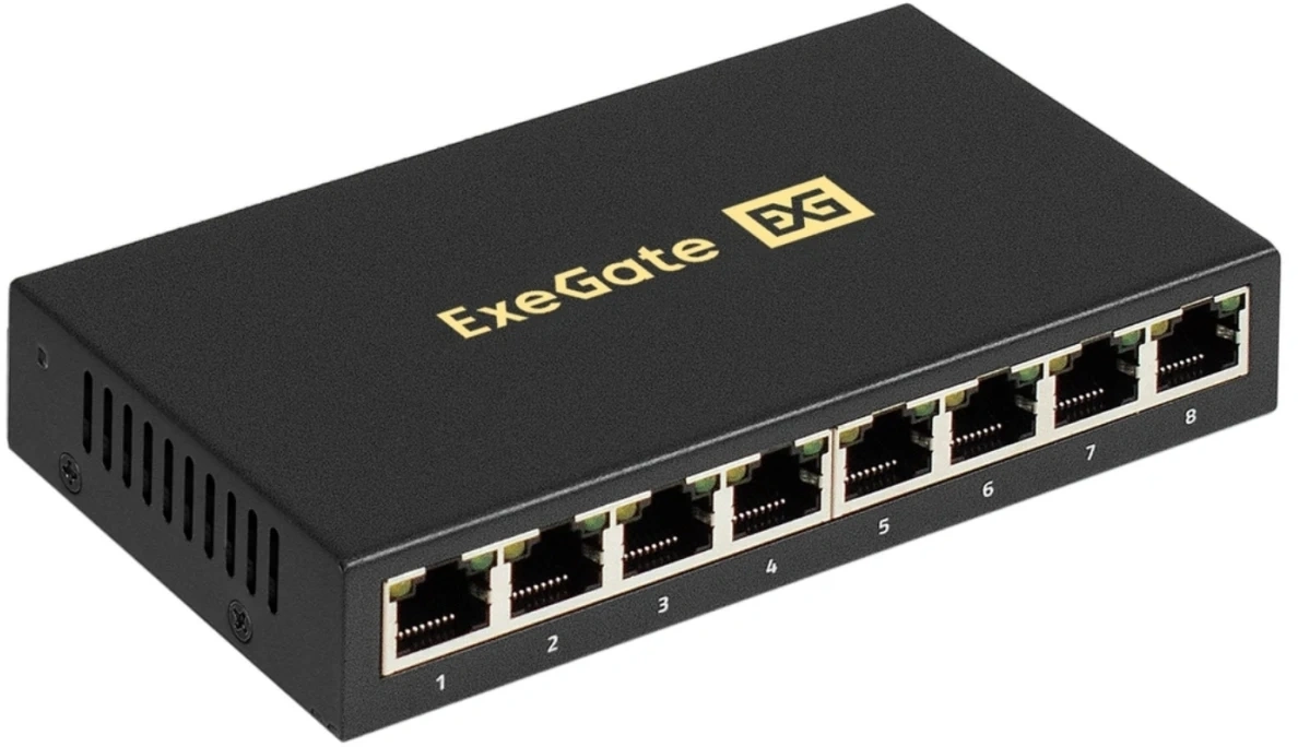 Exegate EX298694RUS Коммутатор неуправляемый ExeGate EDGS-1008D (8-портовый гигабитный UTP 10/100/1000 Base-T, металлический корпус, с функцией энергосбережения (Green Ethernet Technology), настольный