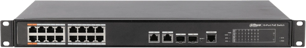 DAHUA DH-PFS4218-16ET-190 16-портовый управляемый коммутатор с РоЕ, уровень L2, 16xRJ45 100Mb PoE, 2хКомбо SFP/RJ45 1Gb uplink, суммарно 190Вт, коммутация 8.8 Гбит/с, MAC-таблица 4К