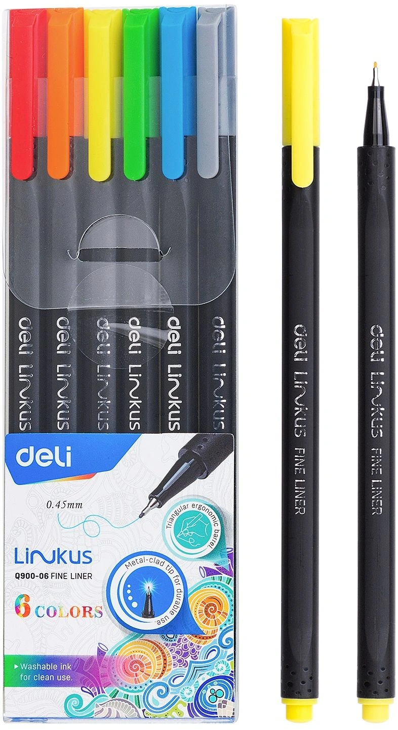 Набор ручек капиллярных Deli Linkus (EQ900-06), d=0.45мм, ассорти чернила, игловидный пишущий наконечник, линия 0.45мм, 6 цветов