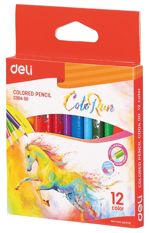 Карандаши цветные Deli EC00400 ColoRun, трехгранный профиль, тополь, 12 цветов, коробка с европодвесом