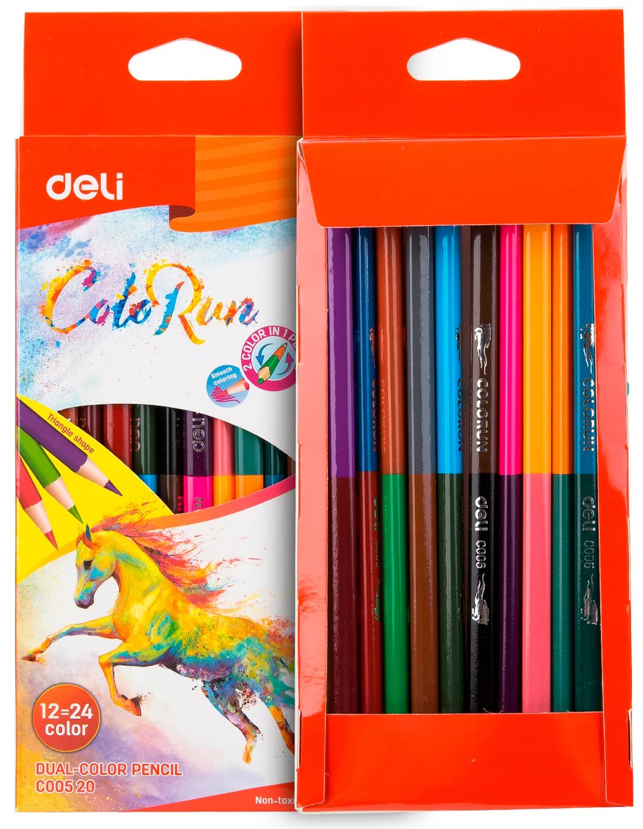 Карандаши цветные Deli EC00520 ColoRun, двухцветные, липа, 24 цвета, коробка с европодвесом (12шт)