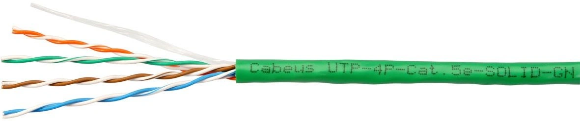 Cabeus UTP-4P-Cat.5e-SOLID-LSLTx-GN Кабель витая пара UTP (U/UTP), категория 5e, 4 пары (24 AWG), одножильный, нг(А)-LSLTx, зеленый (305 м), системная гарантия 25 лет. 305м