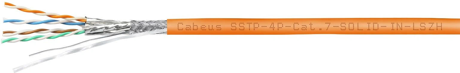 Cabeus SSTP-4P-Cat.7-SOLID-IN-LSZH Кабель экранированная витая пара SSTP (S/FTP), категория 7 , 4 пары (23 AWG), одножильный (solid), LSZH, нг(А)-HF, (305 м)