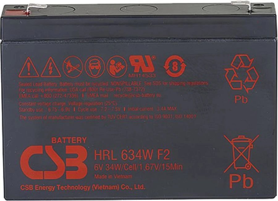 Батарея для ИБП CSB - HRL634W, 6 В, 3xCell, 9А/ч, Internal, Faston F2 (T2), HRL634W