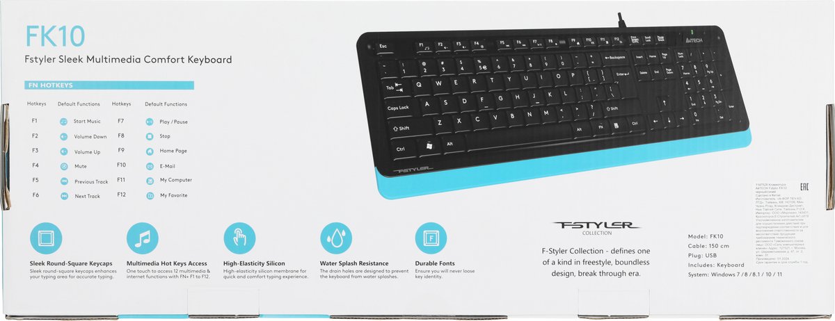 Клавиатура A4Tech FK10 черный/синий USB (FK10 BLUE) кабель 1.5м