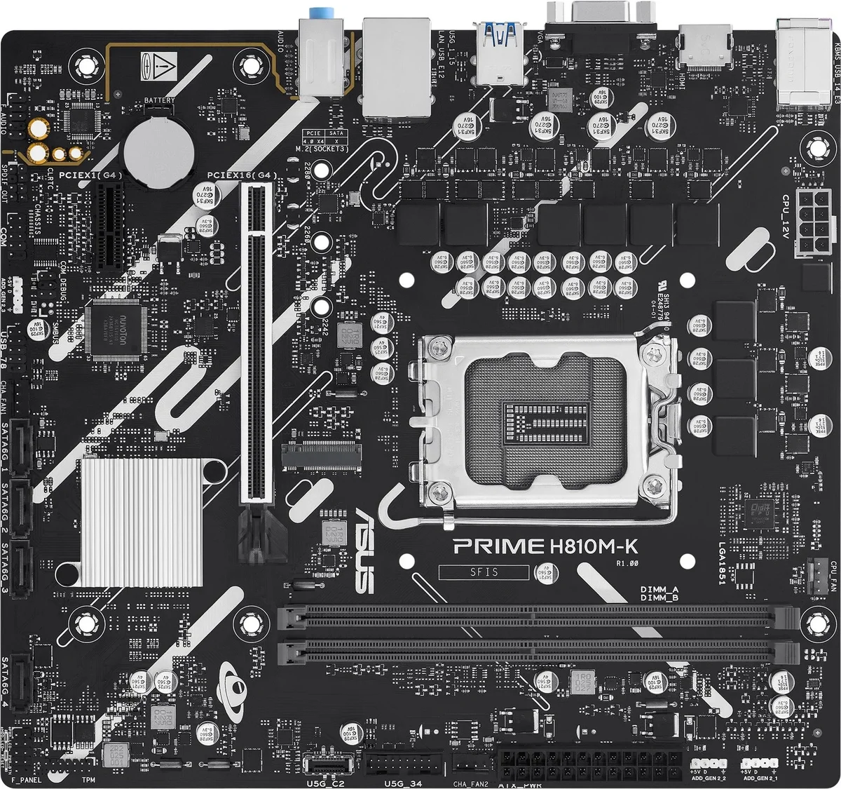 Материнская плата ASUS PRIME H810M-K, LGA1851, B810, 2*DDR5, 4*SATA, 1*M.2, 2*USB 3.2, 4*USB 2.0, 1*PCIx16, 1*PCIx1, HDMI+VGA, mATX; 90MB1N10-M0EAY0