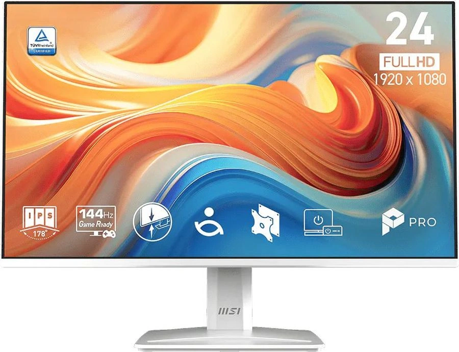 Монитор MSI PRO MP243W E14 23.8" 16:9 FHD(1920x1080) IPS Flat,4ms(GTG),1500:1,100M:1,300nit,178/178,HDMI, DP, Speaker,Tilt,VESA,144Hz,White,1y war-ty
