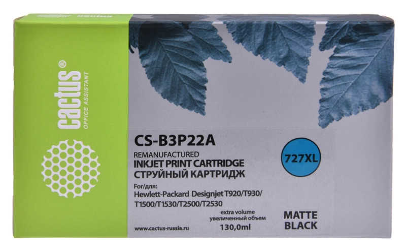 Картридж струйный Cactus CS-B3P22A №727 черный матовый (130мл) для HP DJ T920/T1500/T2530 с чипом
