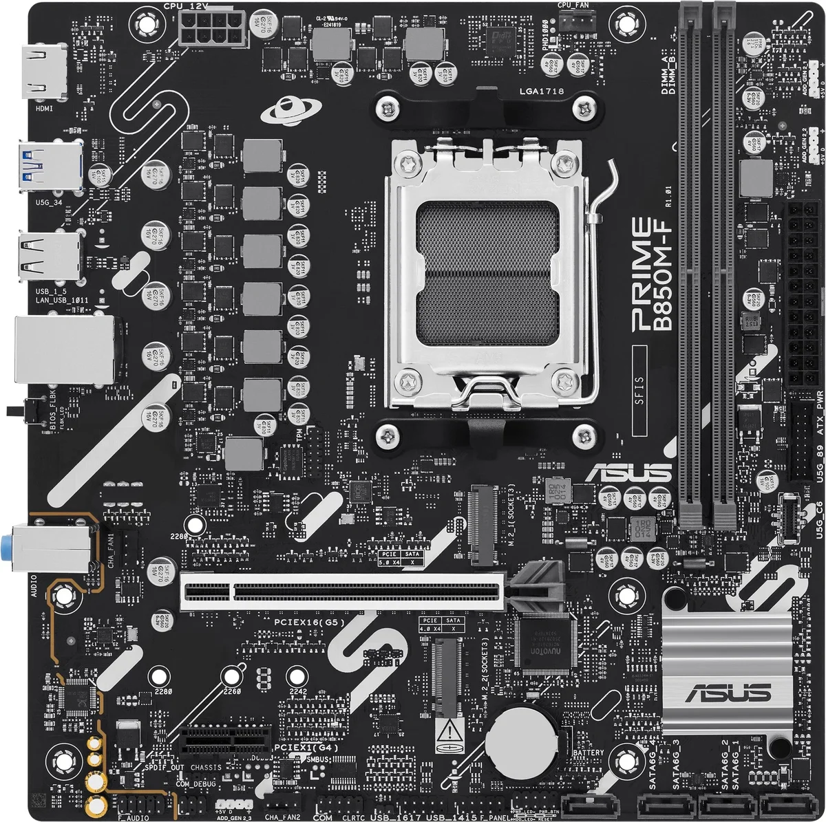 Материнская плата Asus - PRIME B850M-F, mATX, AMD B850, 1xAM5, 2xDDR5 до 128ГБ, 1x1GbE, audio, M.2, HDMI, 4xSATA, 4xUSB2.0, 2xUSB3.1, PRIME B850M-F