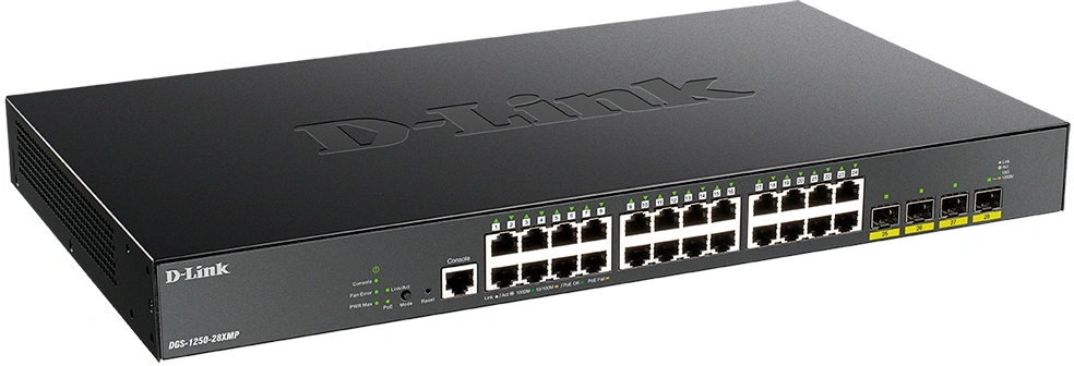 D-Link DGS-1250-28XMP/RU/A1A Управляемый L3 коммутатор c 24 портами 10/100/1000Base-T и 4 портами 10GBase X SFP+ (24 порта PoE 802.3af/at, PoE бюджет 370 Вт)