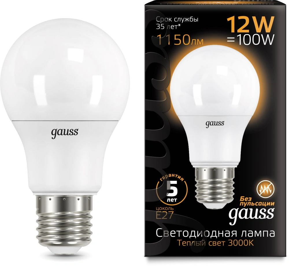 Лампа Gauss 102502112, LED A60, 12Вт, E27, 3000K, теплый свет