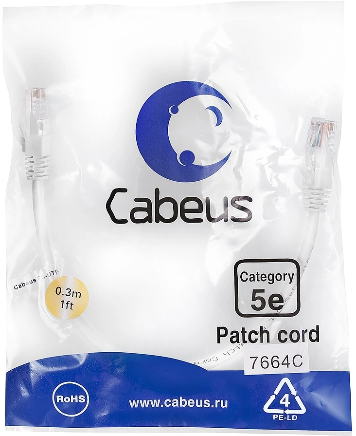 Cabeus PC-UTP-RJ45-Cat.5e-0.3m-WH-LSZH Патч-корд U/UTP, категория 5е, 2xRJ45/8p8c, неэкранированный, белый, LSZH, 0.3м