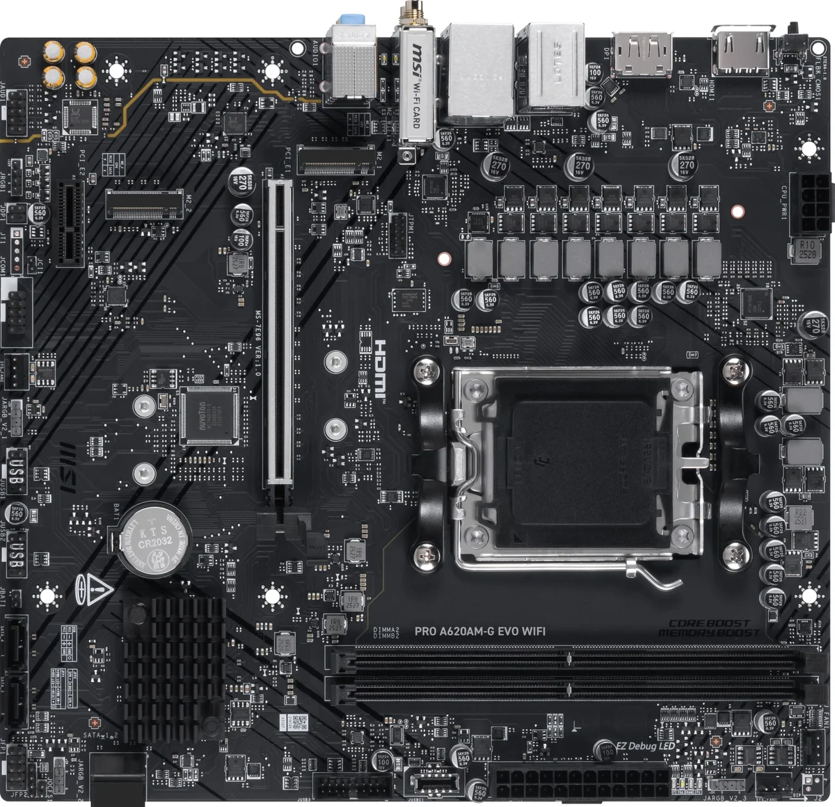 Материнская плата MSI PRO A620AM-G EVO WIFI Socket AM5 AMD A620A 2xDDR5 mATX AC`97 8ch(7.1) 2.5Gg RAID+VGA+HDMI+DP