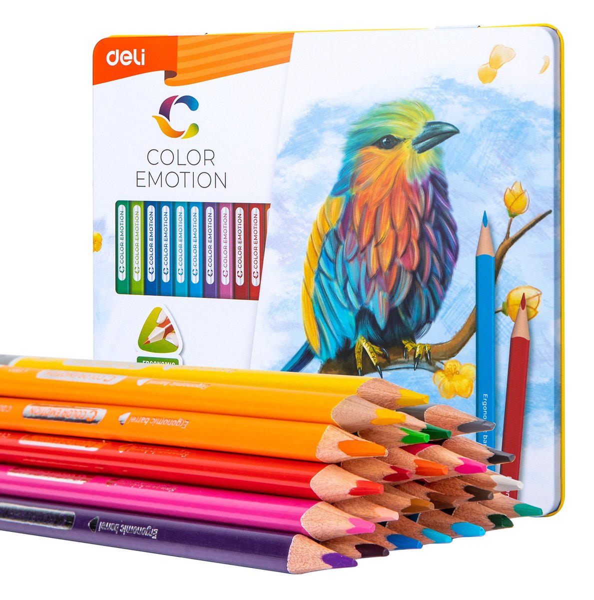 Карандаши цветные Deli EC00225 Color Emotion, трехгранный профиль, липа, 24 цвета, металлическая коробка (24шт)