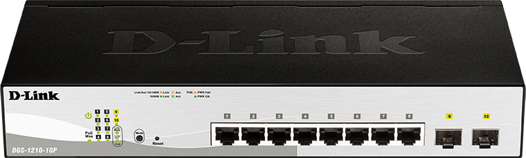DGS-1210-10P/F3A - Коммутатор, D-Link, DGS-1210-10P/F3A, Управляемый L2, 8 портов 10/100/1000Base-T, PoE 802.3af/at, PoE-бюджет 65 Вт, 2 порта 1000Base-X SFP, Стоечный