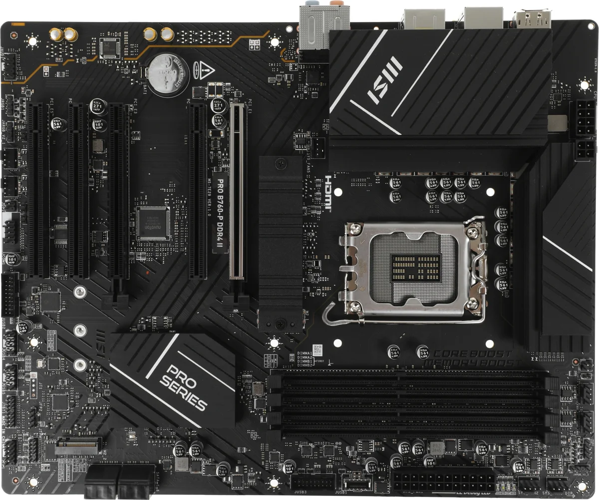 Материнская плата MSI PRO B760-P DDR4 II B760, LGA1700, 4*DDR4, 5*PCIEx16, 2*M.2, 2*TypeC, 3*USB3.2Gen2, 6*USB3.2Gen1, 6*USB2.0, 4*SATA3.0, 2.5G, DP, HDMI, ATX, RTL