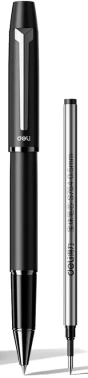 Ручка роллер автоматическая Deli (S153 BLACK) черн d=0.5мм черн. в компл.:стержень с черными чернилами, подарочная коробка (1шт) сменный стержень, 1 стержень, пулевидный пишущий наконечник, линия 0.5мм эрг.зона обх. серебристый