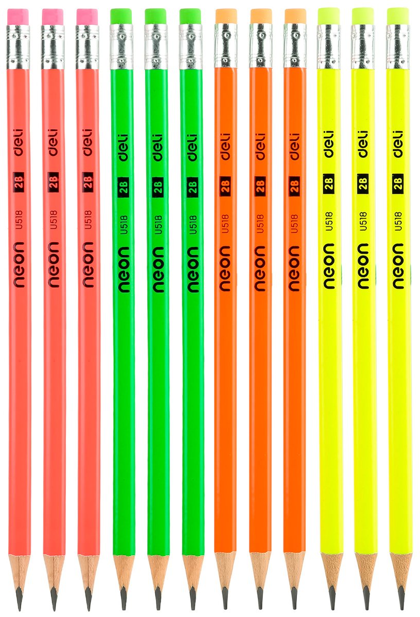 Карандаш чернографитный Deli Neon EU51800 2B, трехгранный, тополь, картонная коробка (12шт) ластик