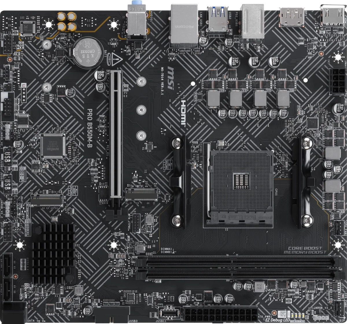 Материнская плата MSI PRO B550M-B, AM4, AMD B550, 2xDDR4 (до 64 ГБ), 4xSATA, 2xM.2 (PCIe 4.0/3.0), 1xPCIe 4.0 x16, 1xPCIe x1, 1xHDMI, 1xDP, 1x1Gb LAN, 4xUSB-A 5Gbps, 2xUSB-A 2.0, 1xPS/2, 3x3.5 мм, 7.1, чёрный, mATX